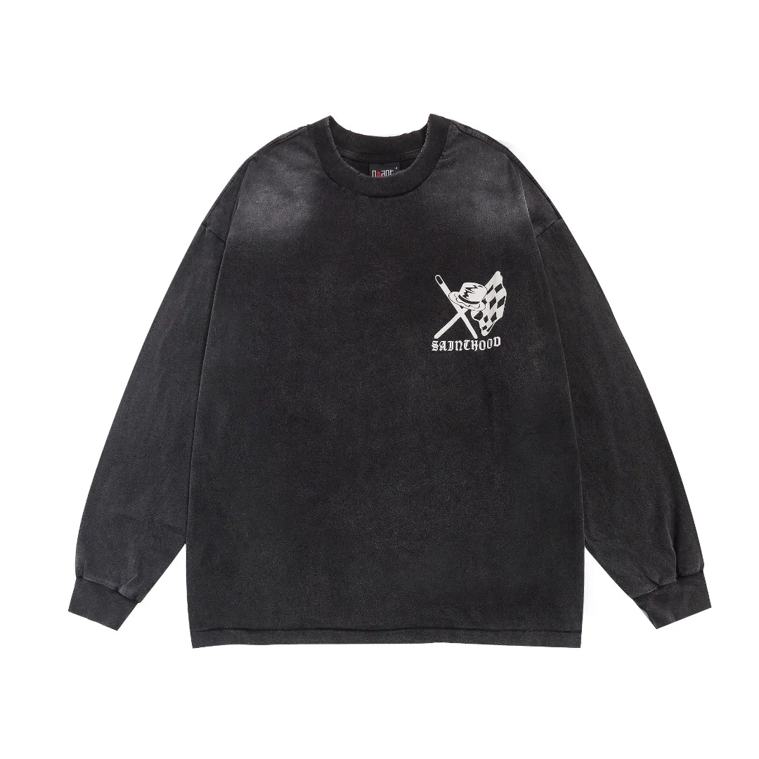 Saint Michael's trendy high-street contrasting pattern washed and aged loose round-neck long-sleeved T-shirt Fabric: 260g Style number: SM16 Size: S-M-L-XL Color: Black Price: P156